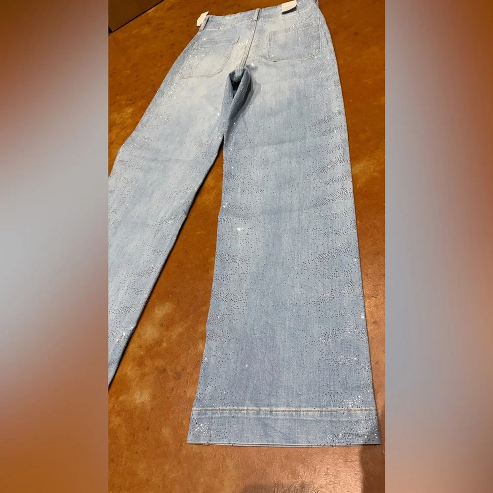 Anthropologie Light Blue Wide-Leg Full length Rhinestone Jean. Check video